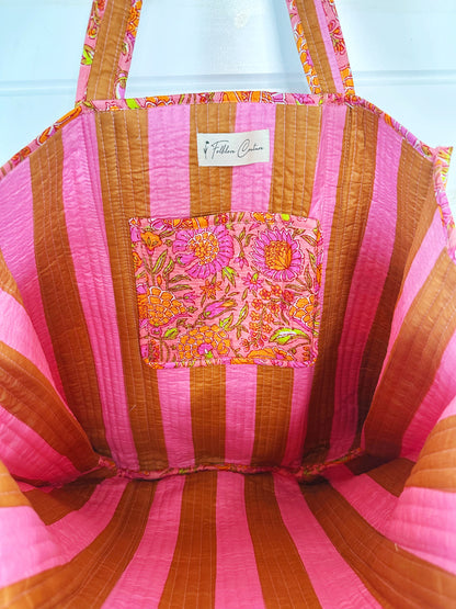 Peach Floral & Pink Gingham Print Cotton Quilted Tote Bag