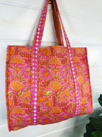 Peach Floral & Pink Gingham Print Cotton Quilted Tote Bag