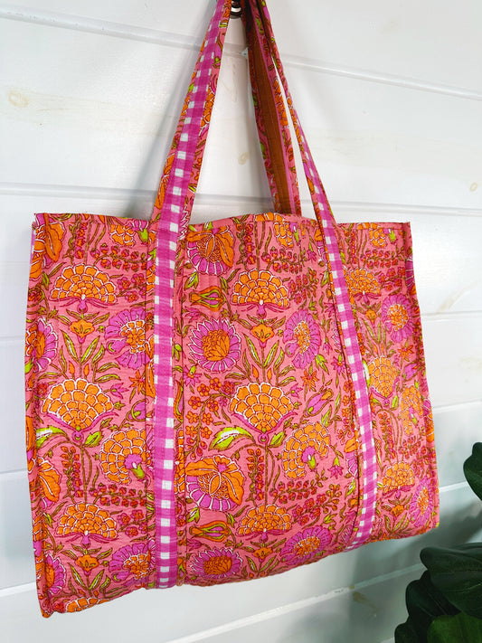 Peach Floral & Pink Gingham Print Cotton Quilted Tote Bag