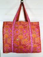 Peach Floral & Pink Gingham Print Cotton Quilted Tote Bag