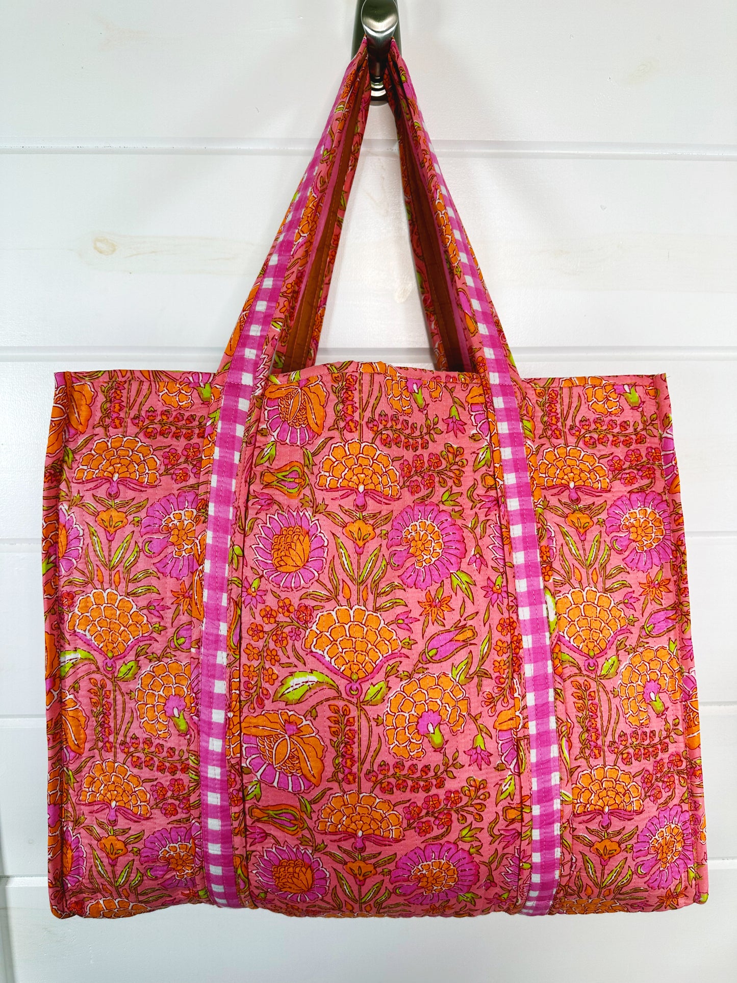 Peach Floral & Pink Gingham Print Cotton Quilted Tote Bag
