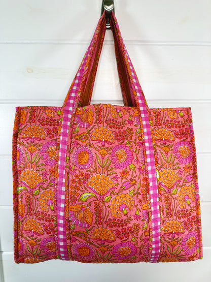Peach Floral & Pink Gingham Print Cotton Quilted Tote Bag
