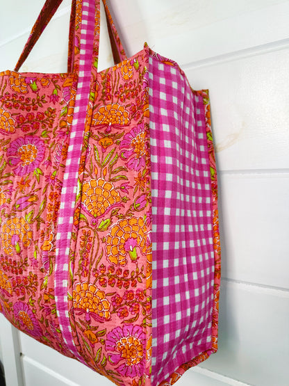Peach Floral & Pink Gingham Print Cotton Quilted Tote Bag