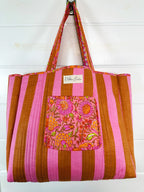 Peach Floral & Pink Gingham Print Cotton Quilted Tote Bag