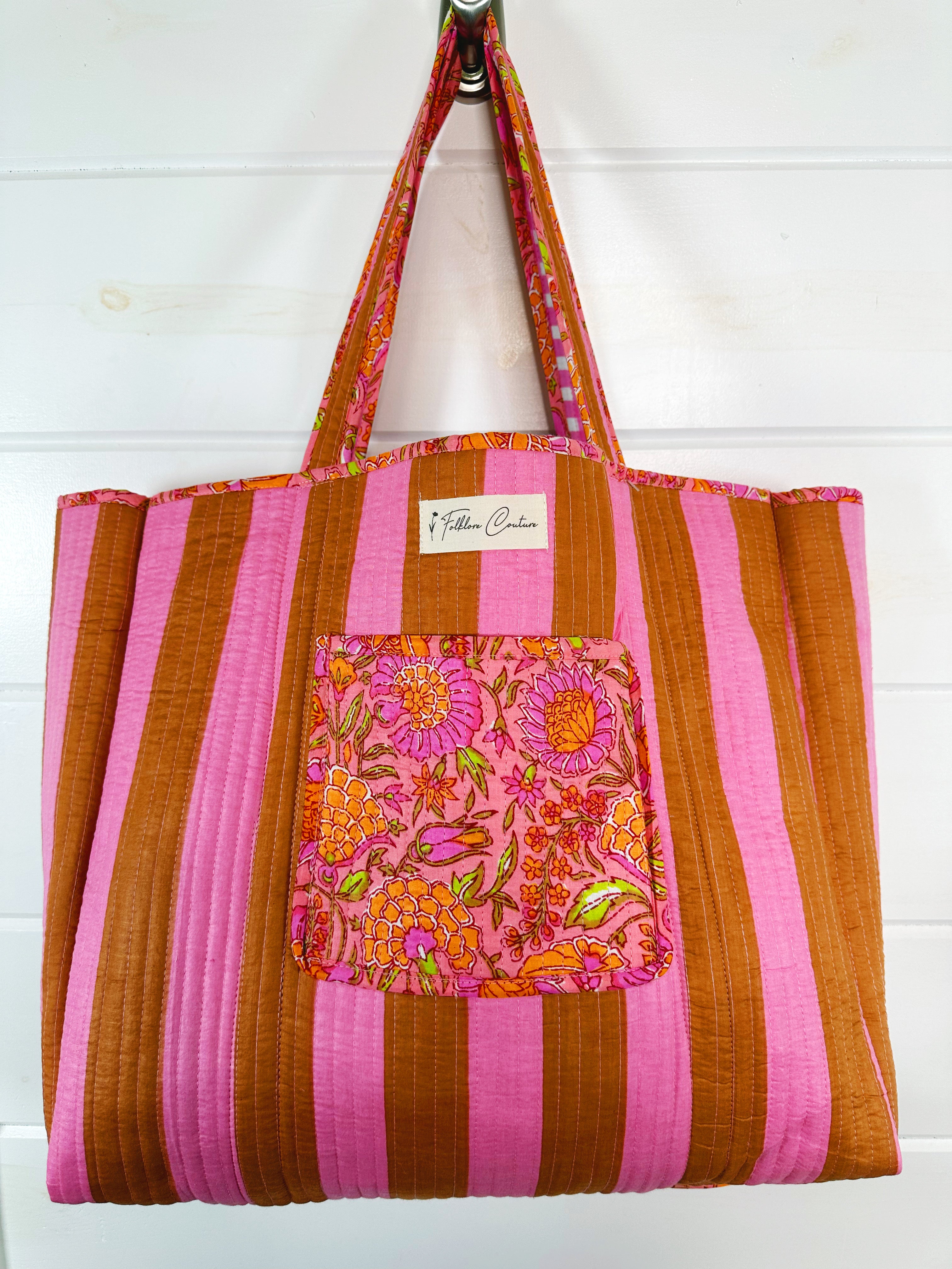 Peach Floral & Pink Gingham Print Cotton Quilted Tote Bag