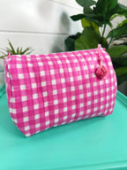Pink Gingham Quilted Makeup Cosmetics Toiletry Bag