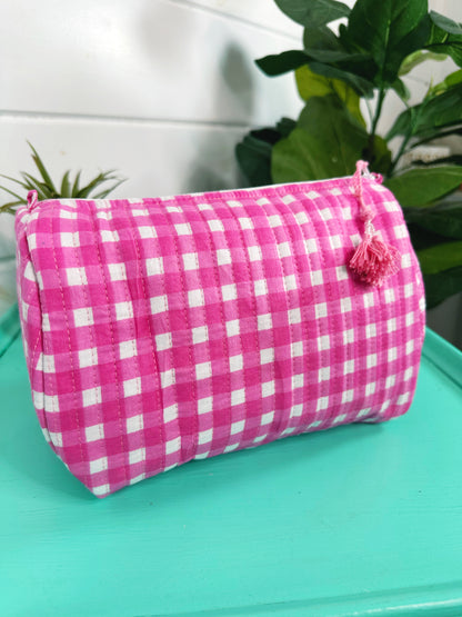Pink Gingham Quilted Makeup Cosmetics Toiletry Bag