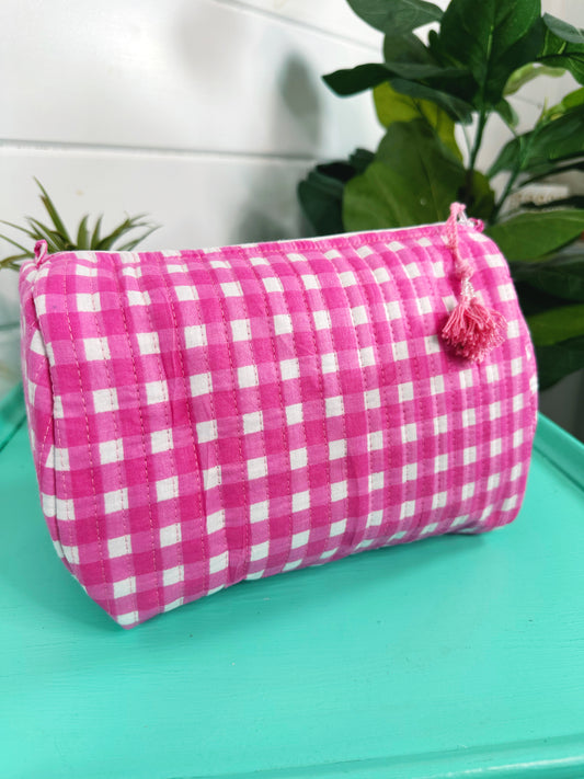 Pink Gingham Quilted Makeup Cosmetics Toiletry Bag