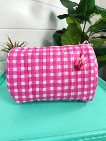 Pink Gingham Quilted Makeup Cosmetics Toiletry Bag
