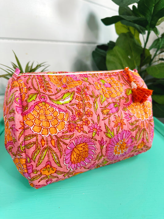 Coral Floral Quilted Makeup Cosmetics Toiletry Bag