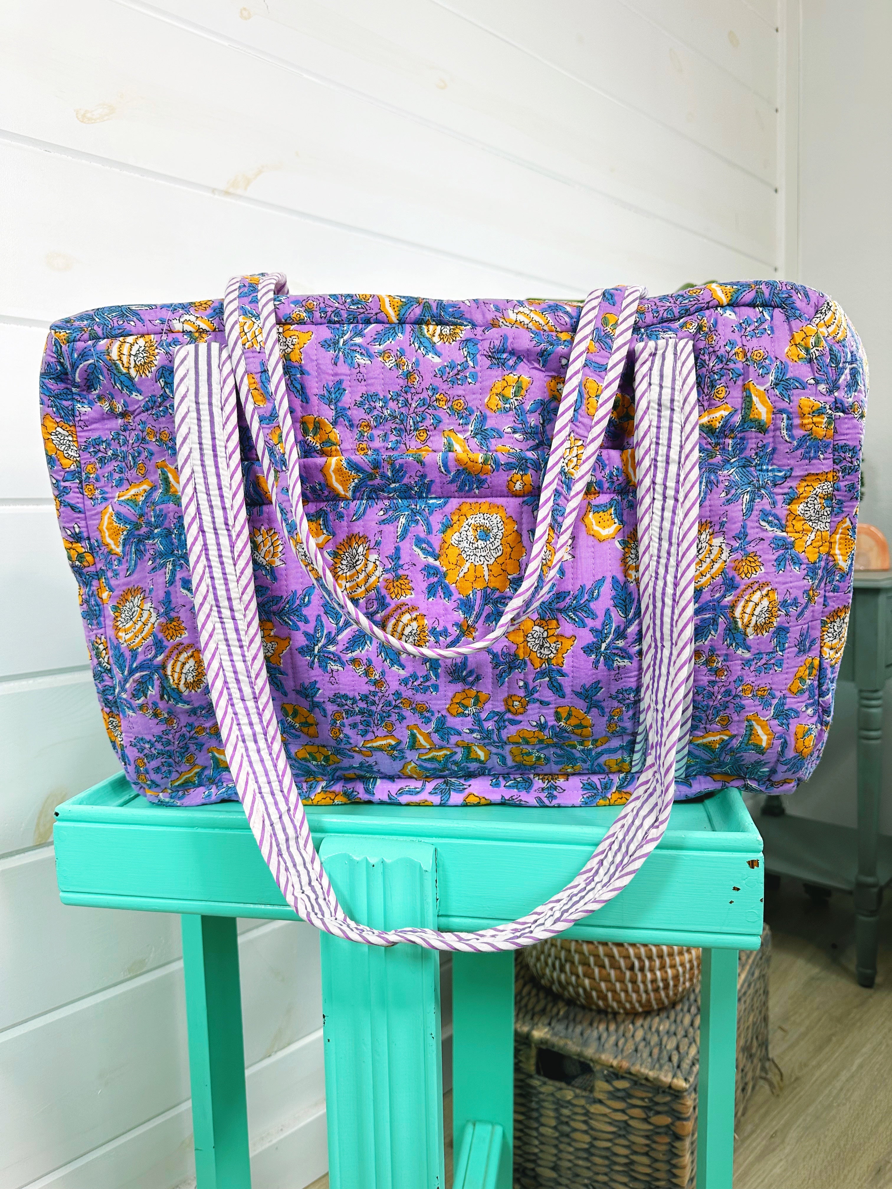 Purple and Yellow Floral Print Quilted Weekender Overnight Bag