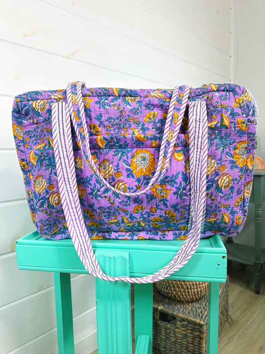 Purple and Yellow Floral Print Quilted Weekender Overnight Bag