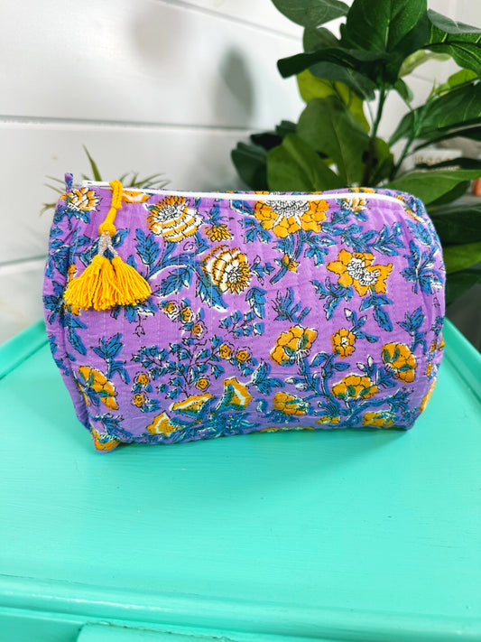 Purple and Yellow Floral Print Quilted Makeup Cosmetics Toiletry Bag