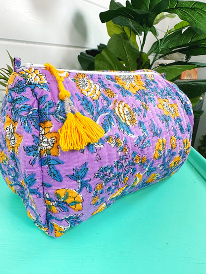 Purple and Yellow Floral Print Quilted Makeup Cosmetics Toiletry Bag