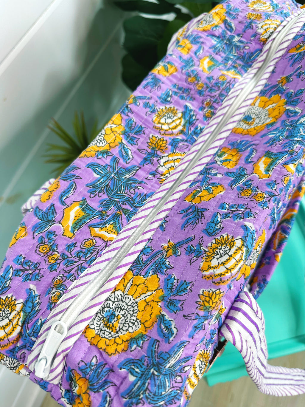 Purple and Yellow Floral Print Quilted Weekender Overnight Bag