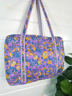 Purple and Yellow Floral Print Quilted Weekender Overnight Bag