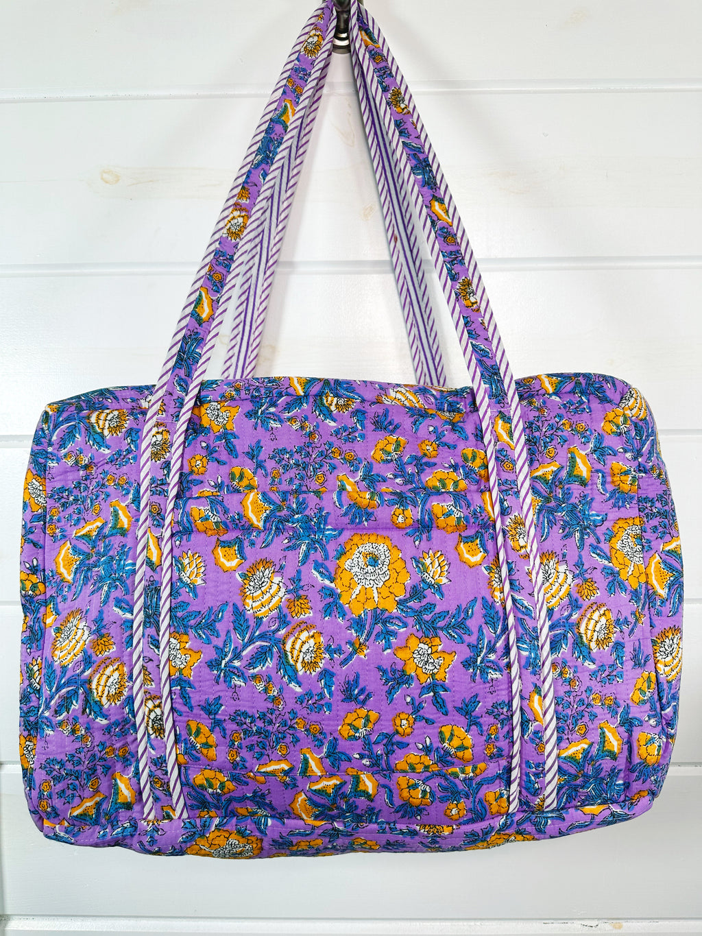 Purple and Yellow Floral Print Quilted Weekender Overnight Bag
