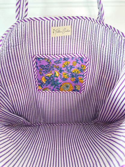 Purple and Yellow Floral Print Quilted Cotton Tote Bag
