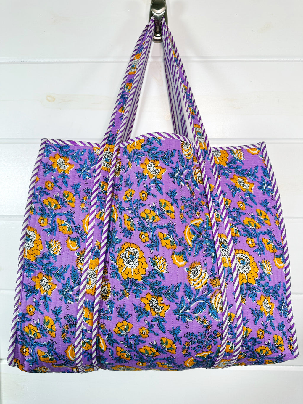Purple and Yellow Floral Print Quilted Cotton Tote Bag