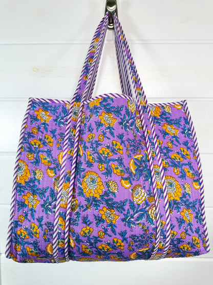 Purple and Yellow Floral Print Quilted Cotton Tote Bag