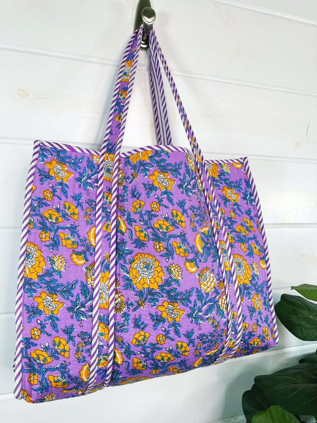 Purple and Yellow Floral Print Quilted Cotton Tote Bag