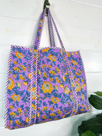 Purple and Yellow Floral Print Quilted Cotton Tote Bag