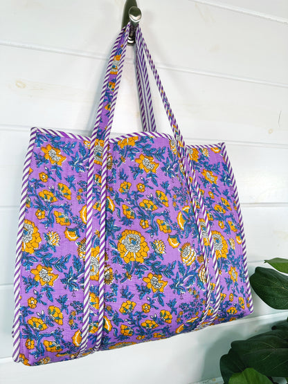 Purple and Yellow Floral Print Quilted Cotton Tote Bag