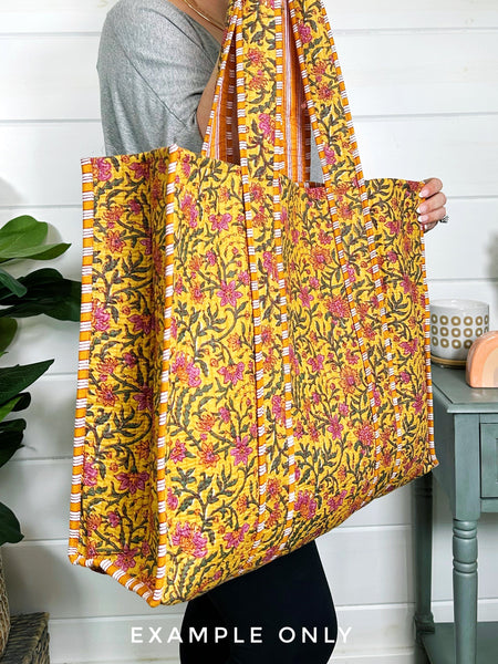 Quilted Block Print Tote Bag Reversible - Plum Ikat Tie Dye