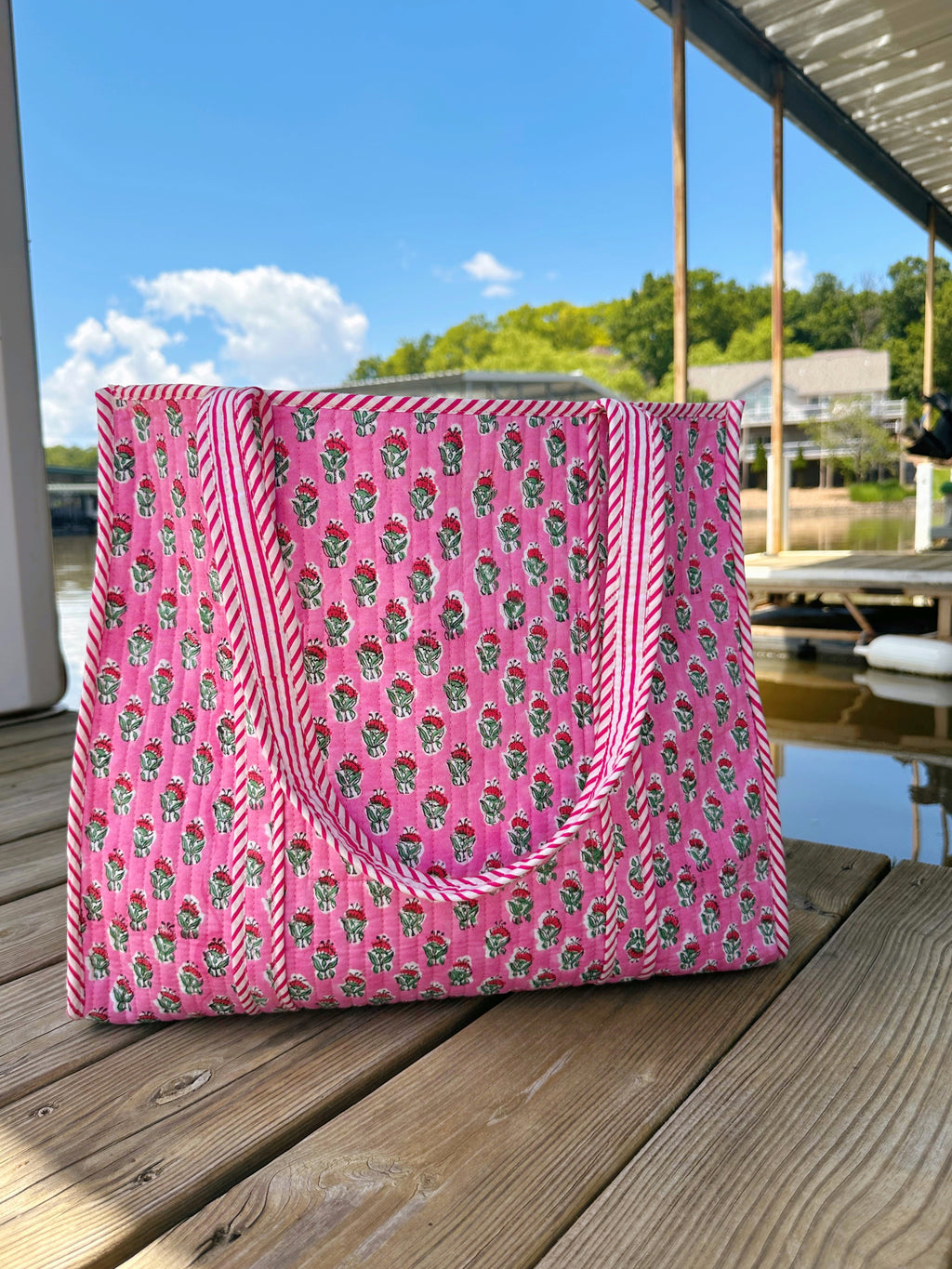 Pink Floral Print Quilted Cotton Reversible Large Tote Bag