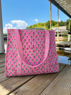 Pink Floral Print Quilted Cotton Reversible Large Tote Bag