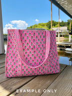 Light Pink and Blue Tiger Print Quilted Cotton Reversible Large Tote Bag