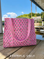 Aqua Jaguar Palm Print Quilted Cotton Reversible Large Tote Bag