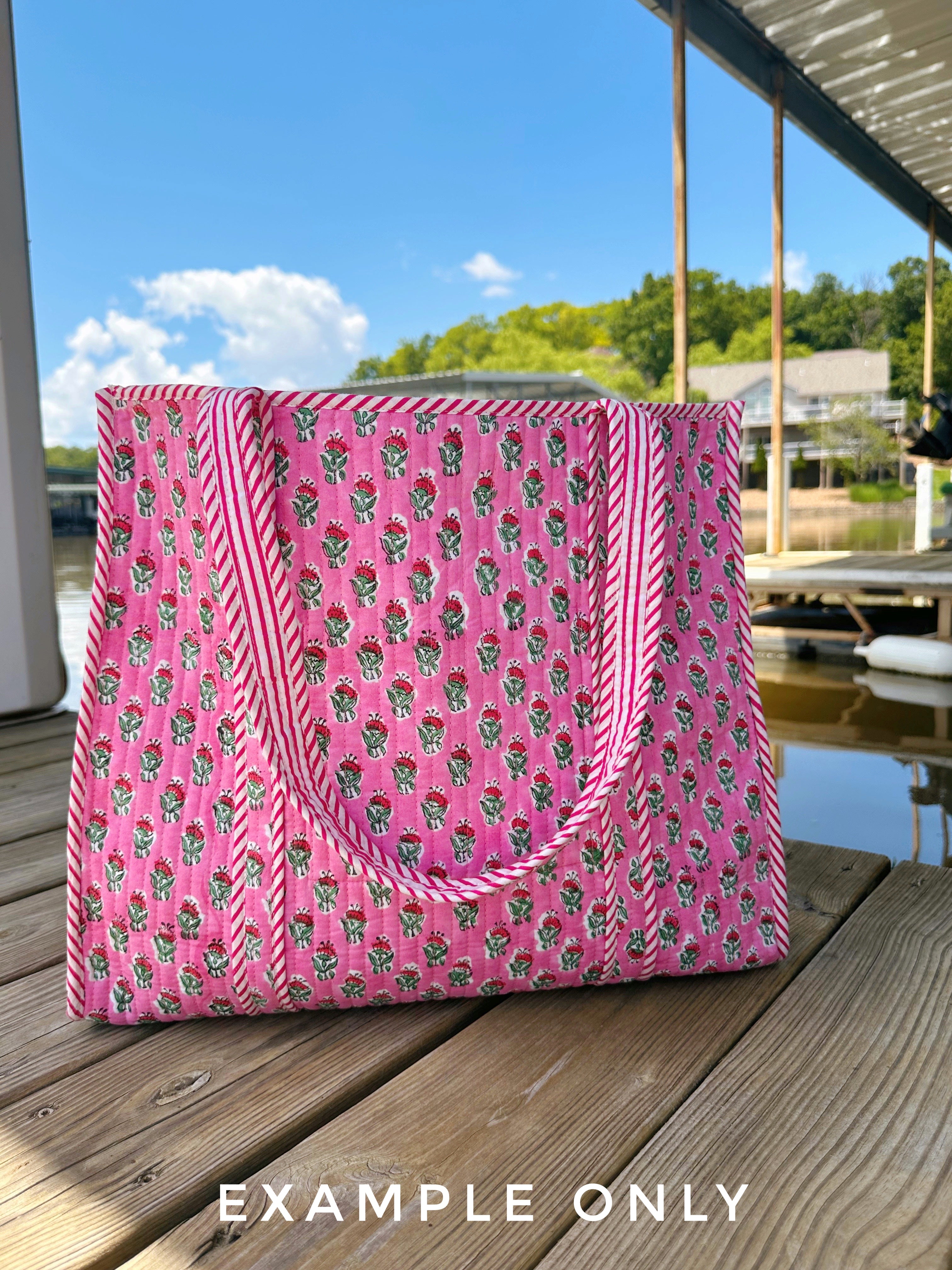 Aqua Jaguar Palm Print Quilted Cotton Reversible Large Tote Bag