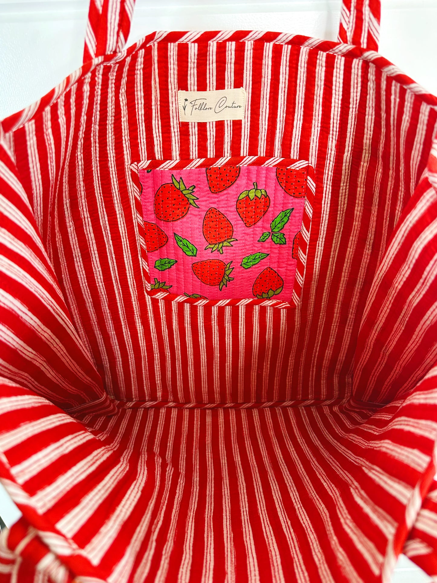 Pink and Red Strawberry Print Quilted Cotton Tote Bag