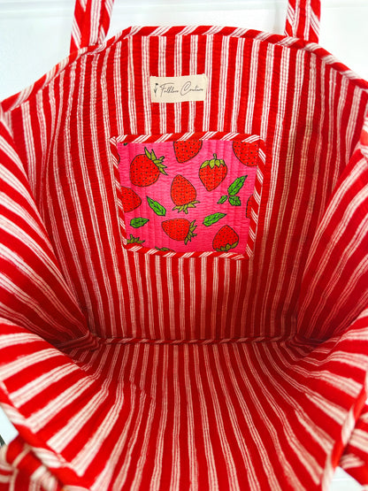 Pink and Red Strawberry Print Quilted Cotton Tote Bag