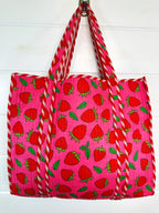 Pink and Red Strawberry Print Quilted Cotton Tote Bag