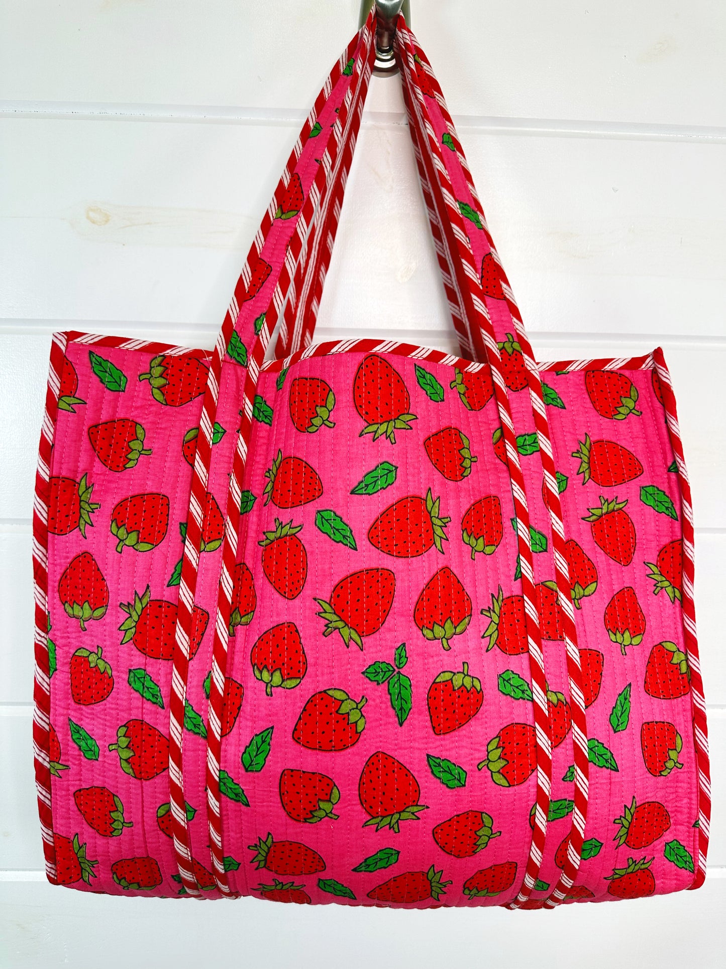 Pink and Red Strawberry Print Quilted Cotton Tote Bag