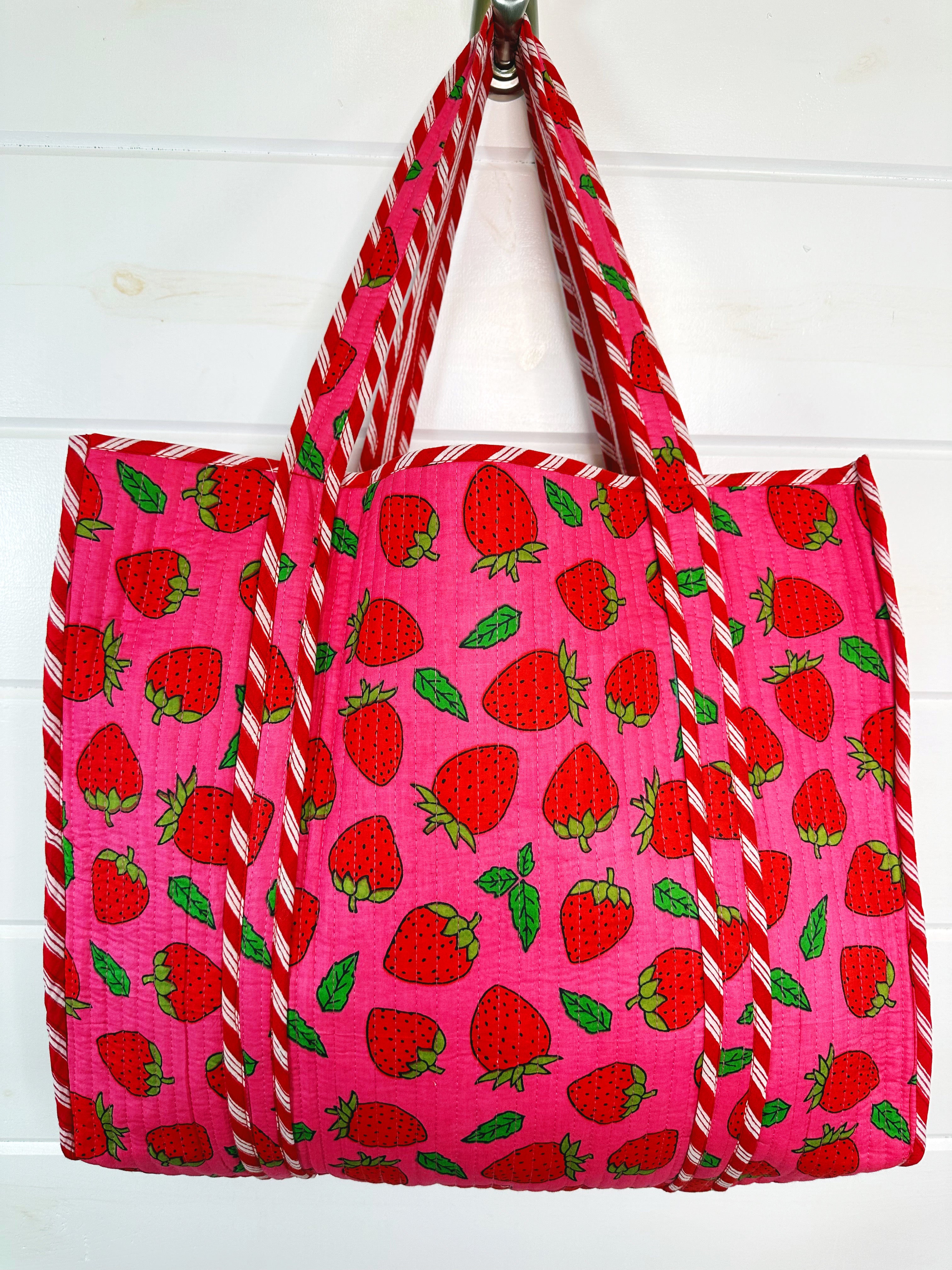 Pink and Red Strawberry Print Quilted Cotton Tote Bag