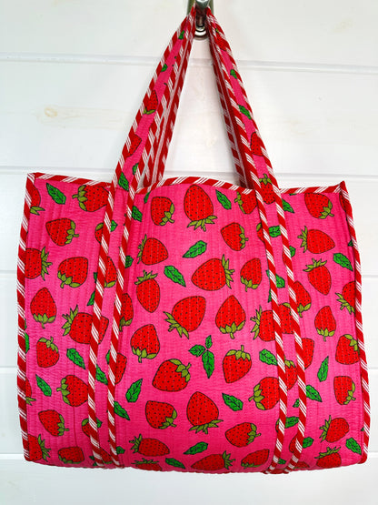 Pink and Red Strawberry Print Quilted Cotton Tote Bag
