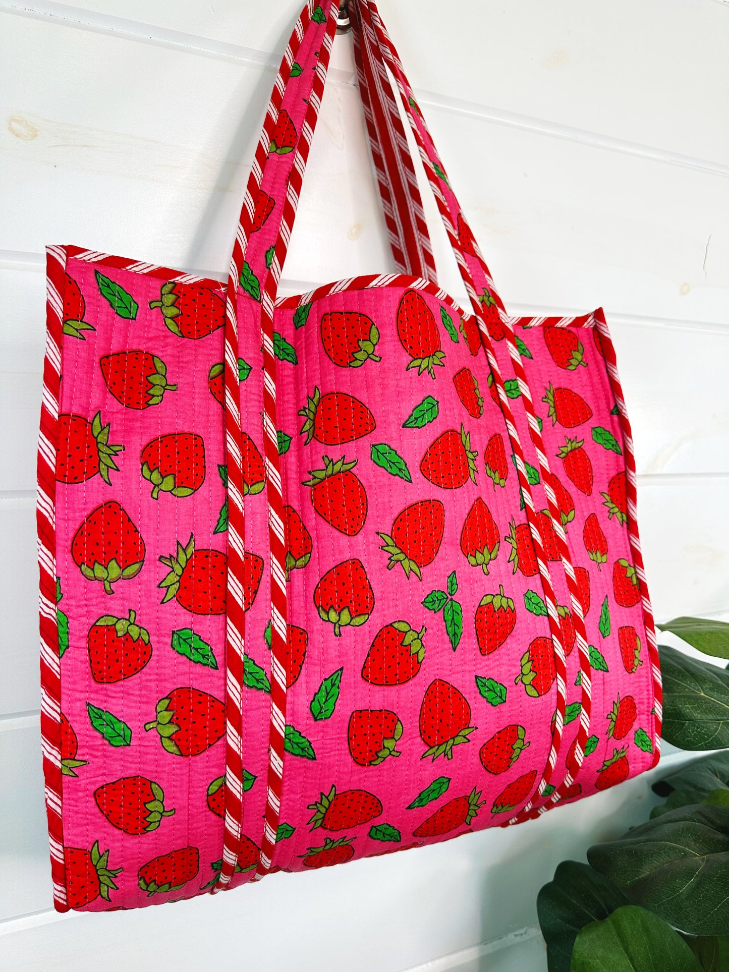 Pink and Red Strawberry Print Quilted Cotton Tote Bag