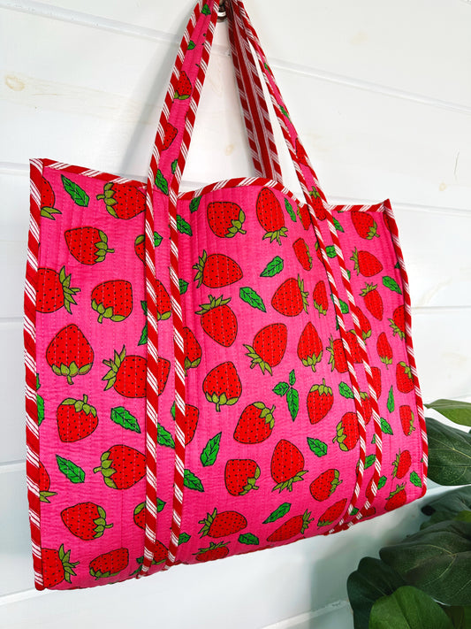Pink and Red Strawberry Print Quilted Cotton Tote Bag
