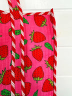 Pink and Red Strawberry Print Quilted Cotton Tote Bag