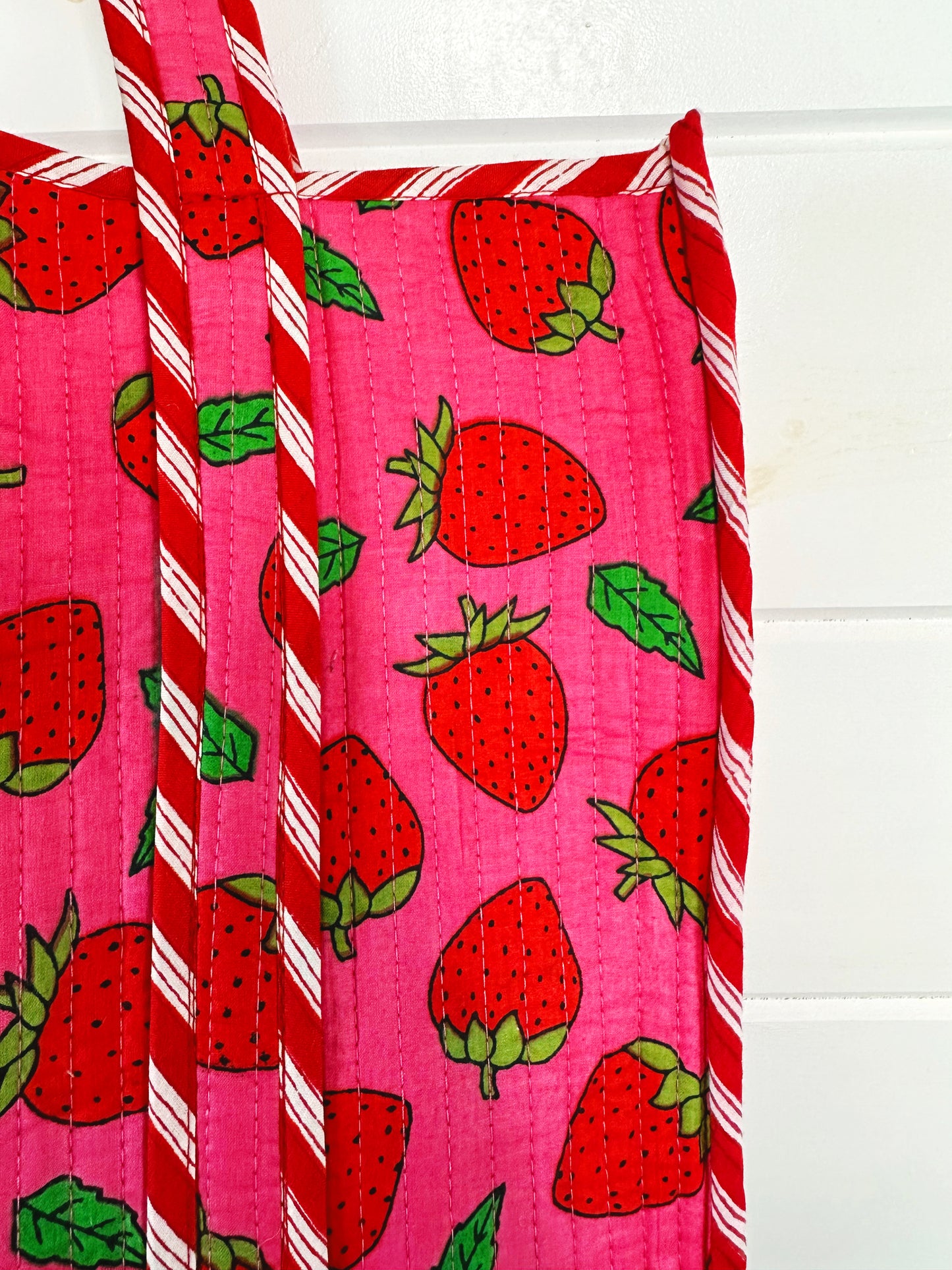 Pink and Red Strawberry Print Quilted Cotton Tote Bag