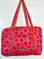 Pink and Red Strawberry Quilted Weekender Overnight Duffle Bag