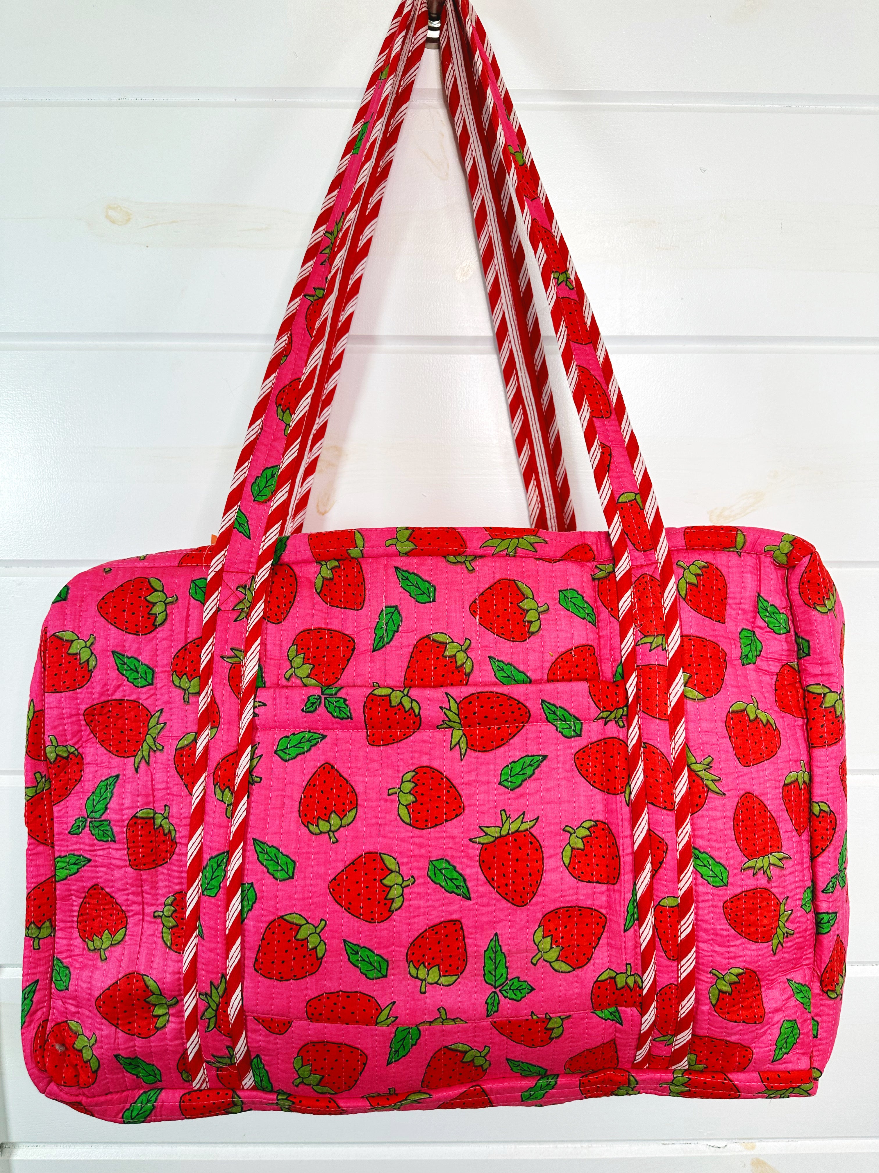 Pink and Red Strawberry Quilted Weekender Overnight Duffle Bag