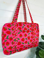 Pink and Red Strawberry Quilted Weekender Overnight Duffle Bag