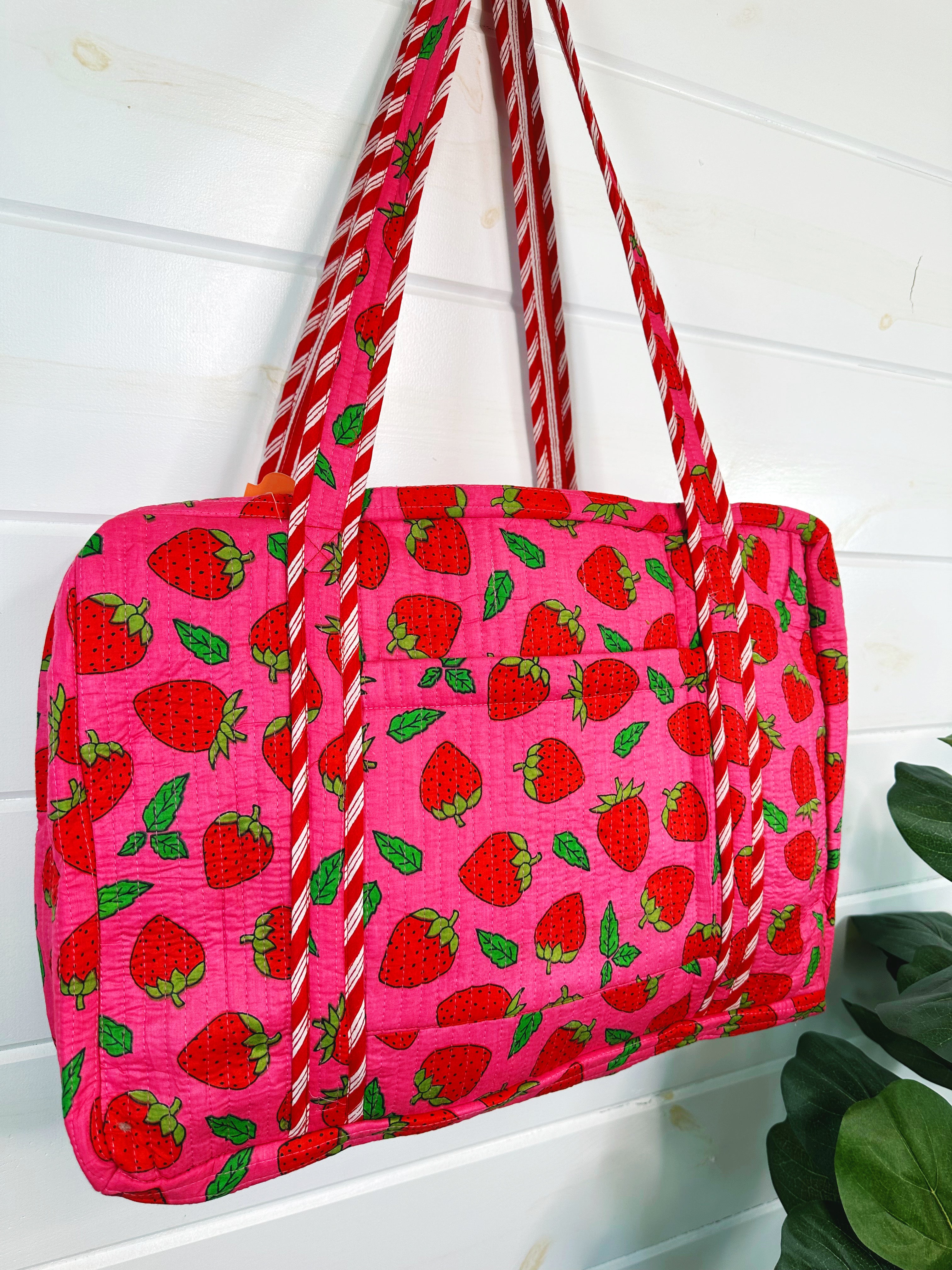 Pink and Red Strawberry Quilted Weekender Overnight Duffle Bag