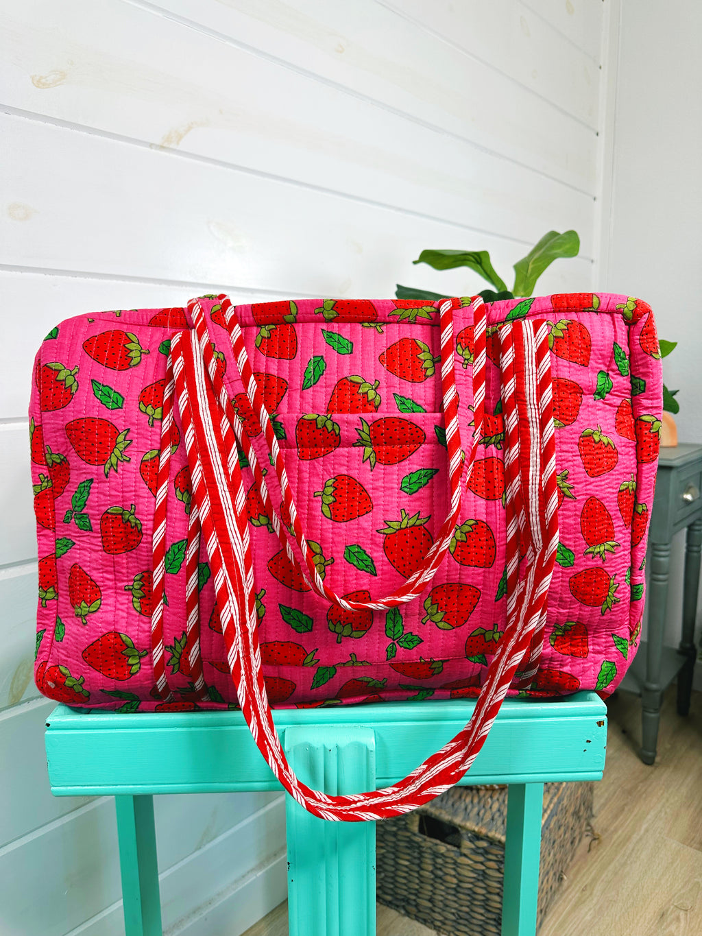 Pink and Red Strawberry Quilted Weekender Overnight Duffle Bag
