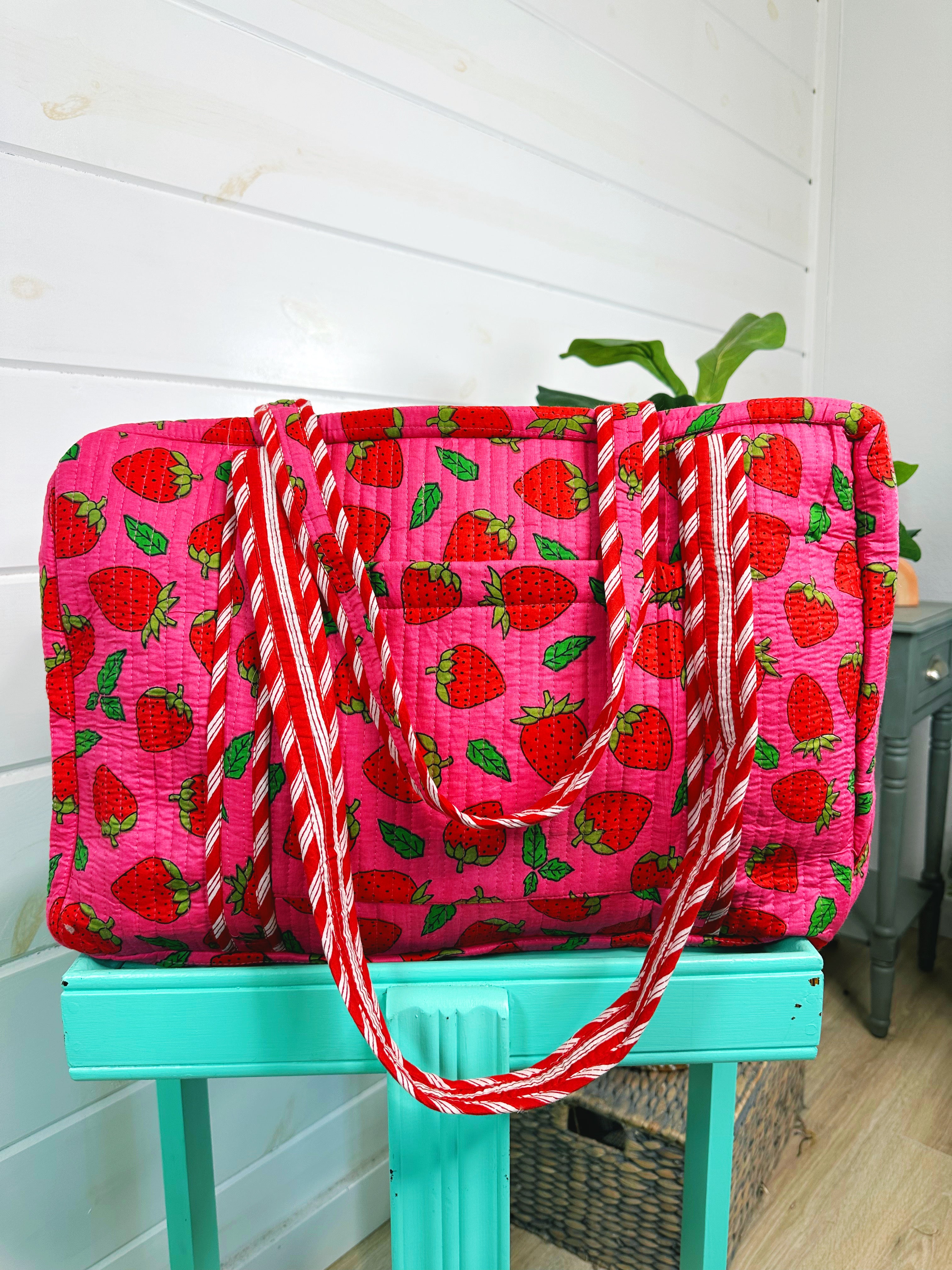 Pink and Red Strawberry Quilted Weekender Overnight Duffle Bag