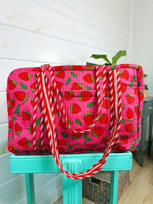 Pink and Red Strawberry Quilted Weekender Overnight Duffle Bag